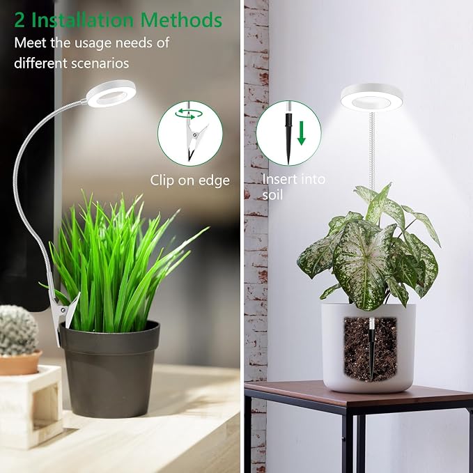 Grow Lights for Indoor Plants Growing, Full Spectrum LED, Clip on | White Halo Plant Lamp 3 Pack, 6/12/16H Timer, 5 Dimming, 3 Light Modes, 2 Installation Options Clip or Plug, 360° Gooseneck