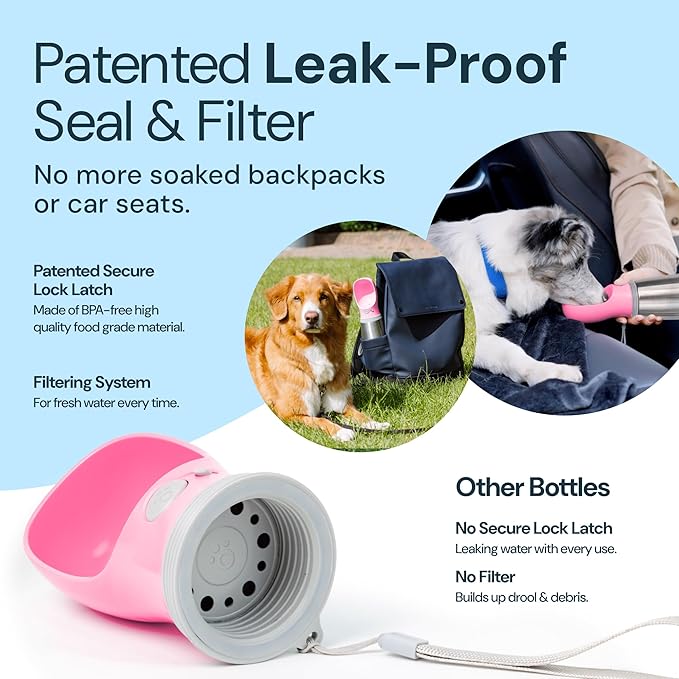 MalsiPree Insulated Dog Water Bottle - 24 Oz, Pink - Leak-Proof Stainless Steel Portable Travel Dispenser & Bowl for Trail Hiking, Park Visit, Camping & Beach Days