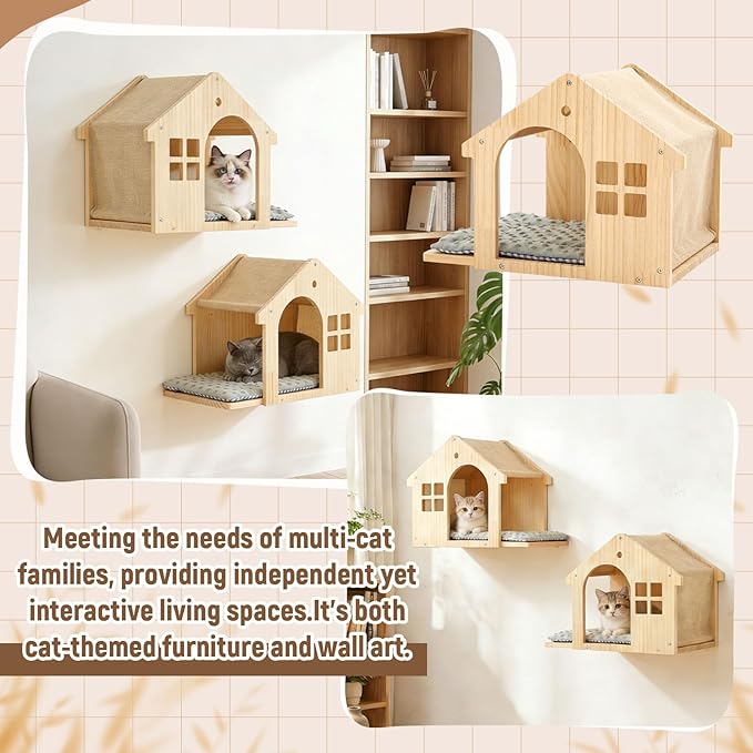 2 Pack Solid Wood Cat Wall Shelves, Wall-Mounted Box Condo House Perches with Washable Cushions, Stable Design for Small to Medium Cats, Space Saving Furniture