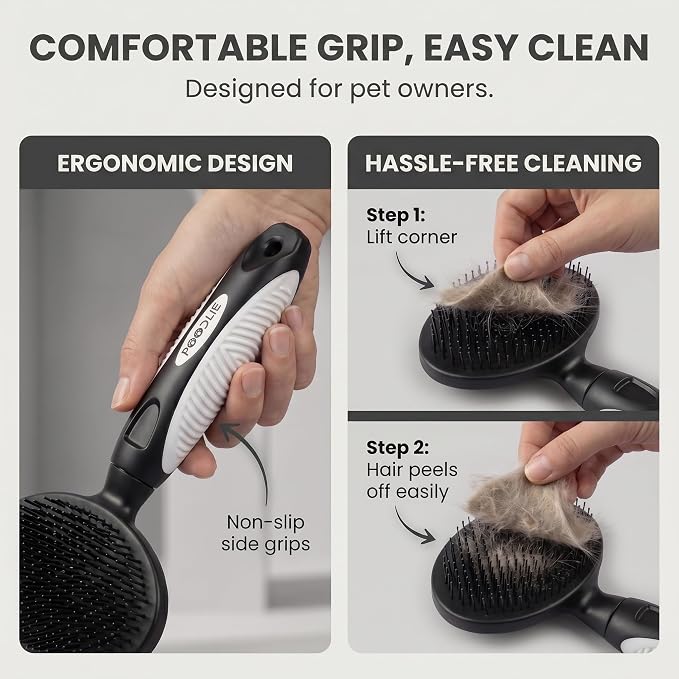 Round Bristle Pet Brush for Dogs and Cats - Soft Dog Brush for Grooming Short or Long Hair - Gentle Tool for Sensitive Skin Removes Dander, Dirt, and Detangles (Black)