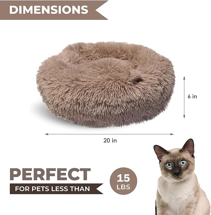 Whiskers & Friends Cat Beds for Indoor Cats, Fluffy Calming Donut Cat Bed, Small Dog Bed Washable - Orthopedic Soft Plush Pet Beds Sized for Kitten to Large Cats & Puppy to Small Dogs - Beige Brown