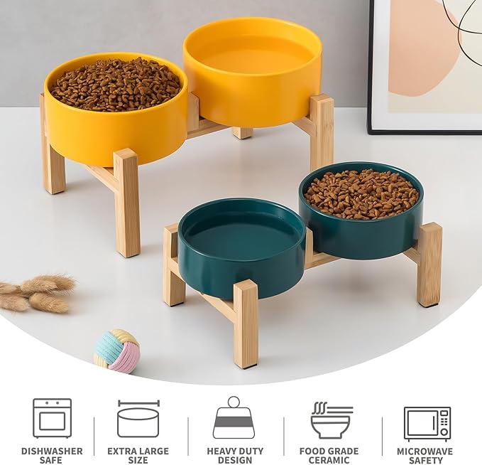 Raised Ceramic Dog Bowl Set - Elevated Dog Bowls with Non Slip Bamboo Stand, Food and Water Bowl Set for Small and Medium Breed Dogs, Pet Bowls, Weighted Dogs Dishes (6'', 2 * 30OZ, Yellow)