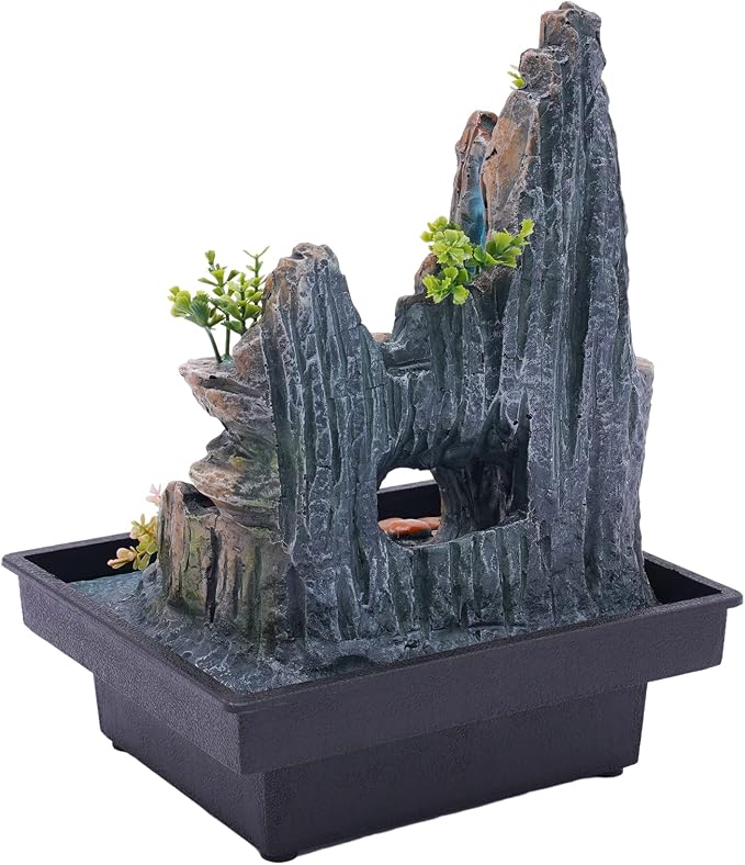 Indoor Fountain Rockery Tabletop Fountain with an Atomizer Elaxation, 7.9''L x 7''W x 10.6''H with LED Light Water Feature Meditation Desktop Fountains for Home Office Decor or Gift
