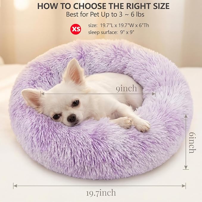 Calming Donut Dogs Beds for Small Dogs Washable,19inch Fluffy Round Puppy Bed for Puppies,Cats & Toy Breeds with Raised Rim,Fits up to 15 lbs Pets,Gradient Purple