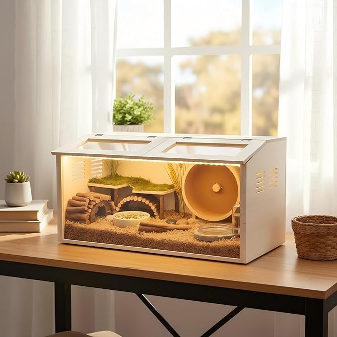 Wooden Hamster Cage Chewproof, Large Hamster Cages and Habitats, Small Animal Habitat with with Double Openable Acrylic Sheet Doors for Gerbil, Degus Mice, Guinea Pig, Rat& Other Small Pets（31.5in）