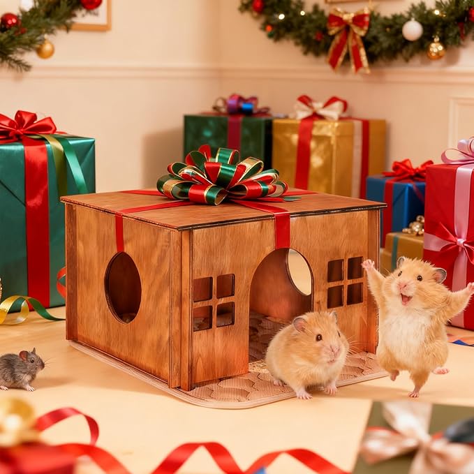 Wooden Guinea Pig Hideout, Small Animal Houses Habitats, Large Hideout House for Small Rabbit Chinchilla Gerbil, Sturdy Hamster Hideout Bed Hutch Bunny Cage