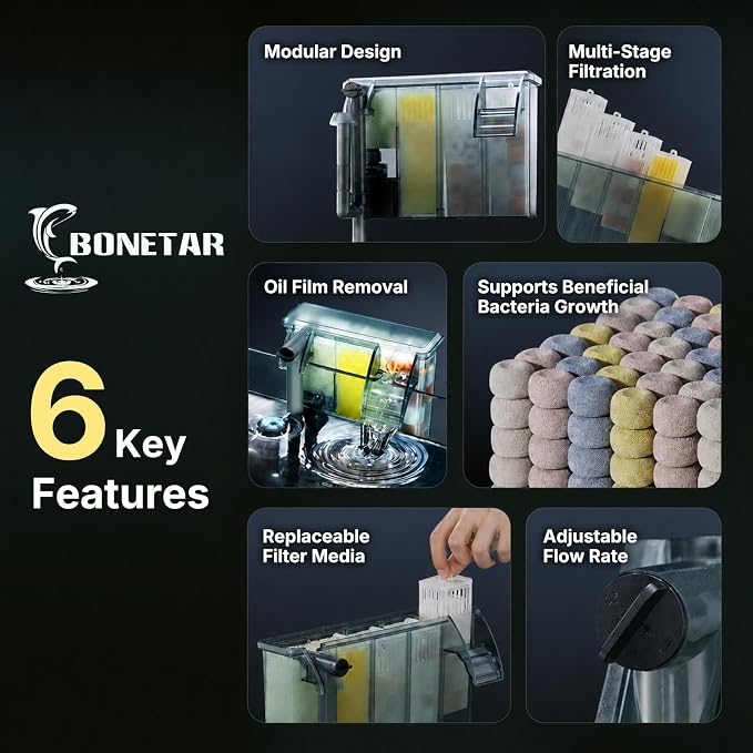 BONETAR Aquarium Filter for 0-10 Gallon Fish Tanks, Easy Change Replaceable Filter Cartridge, Customizable Media Chamber, Quiet Water Filtration for Freshwater & Saltwater Aquariums