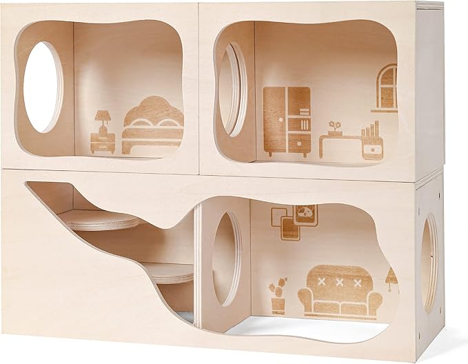 Hamster Hideout Wooden House Chamber Small Animals Pets Tunnel Exploring Toys Secret Peep Shed for Dwarf Hamsters, Syrian Hamsters, Gerbils, Hedgehogs, Rats, Mice (Living Room)