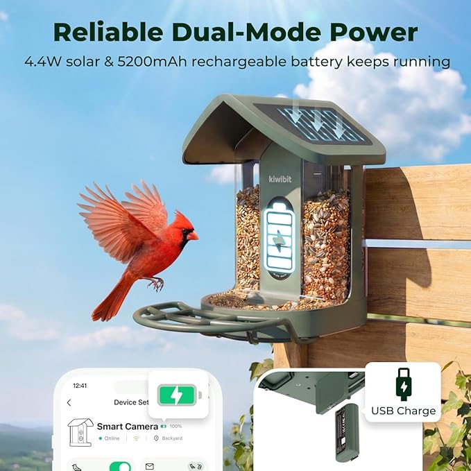 Kiwibit Solar Smart Bird Feeder with Camera, AI Bird Species Identification, 8MP Photos, 4K UHD Video Live Stream Wild Bird House Feeders for Outdoors, Bird Watching Gifts for Bird Lovers, Green