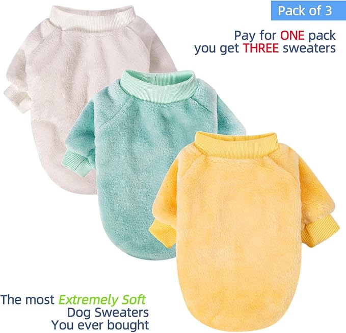 FabriCastle Dog Sweaters, 3-Pack Dog Clothes for Small Dogs Male & Girl, Soft and Warm Pet Coats XXS - XXL, Winter Pet Jackets, Doggy Apparel Costumes, Puppy Outfits (Beige,Light green,Yellow, Medium)