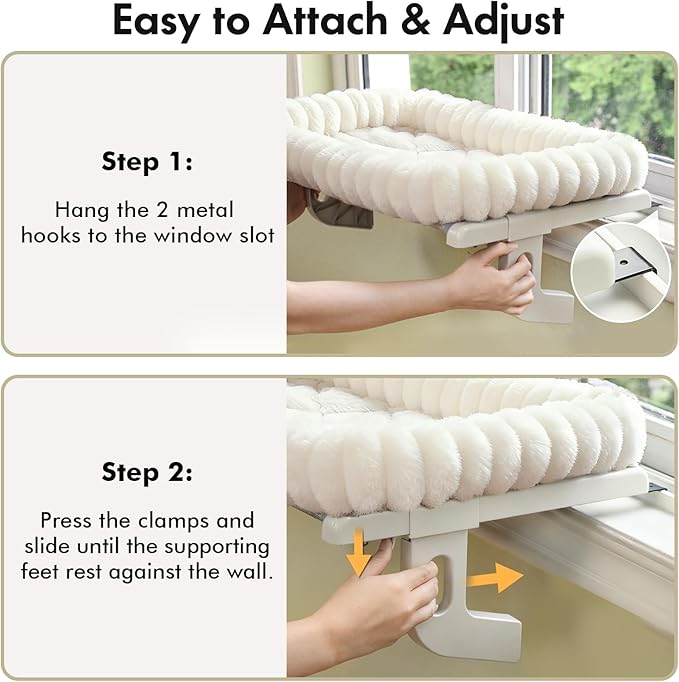 Zoratoo Cloud-Cuddle Cat Window Perch with 4-Sided Bolster, Zipper Design Cushion Window Seat for Window Sill, Sturdy Metal Frame & Easy Assembly Pet Hammock Bed for Indoor Cats (White, Large)