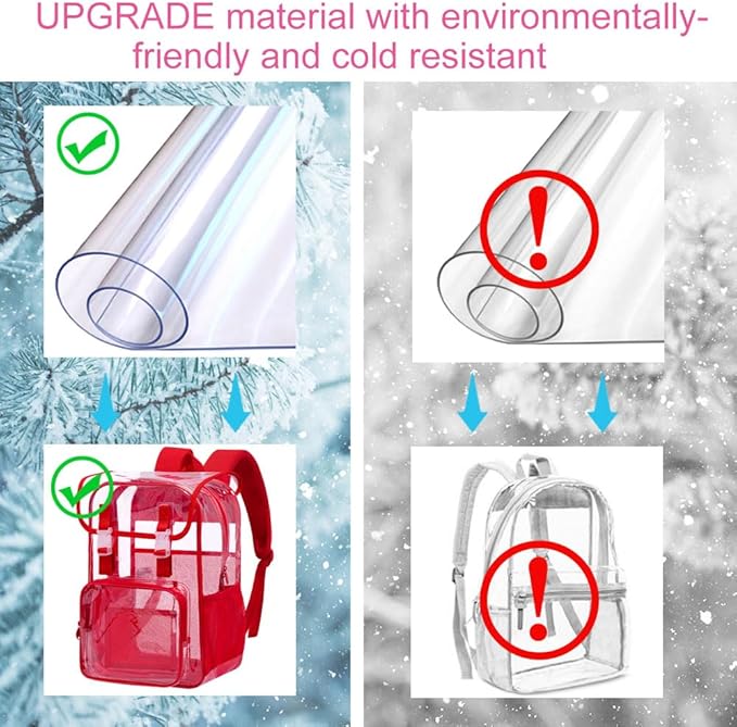 17" Flip Top Clear Backpack for Girls, 3Pcs Stadium Approved Set, Heavy Duty Transparent Bookbag for Gym/School (Red)