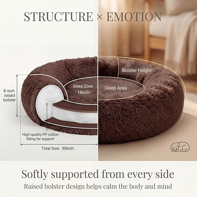Calming Dog Bed for Medium Dogs Washable Donut 30 inches Anti-Slip Pet Bed,Round Fluffy Plush Faux Fur Cat Bed,Fits up to 45 lbs Pets,Chocolate Brown