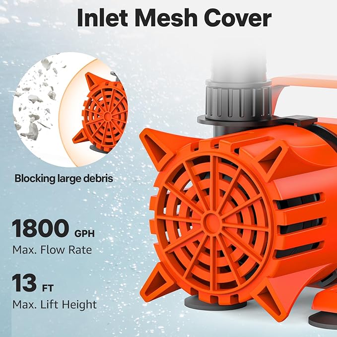 DOKO 1800GPH Submersible Water Pump, 180° Ajustable Pond Pump with 20FT Power Cord 100W Ultra Quiet Pond Pump for Outdoor, Fountain, Waterfall, Fish Tank, Hydroponic, Statuary, Orange Black