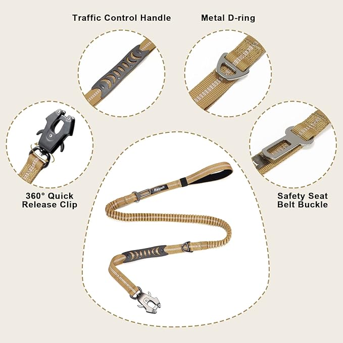Raipult Tactical Dog Leash Heavy Duty, 4-6FT Shock Absorbing Bungee Leash with Quick Release Clip& 2 Handles, No Pull Waking Lead with Car Seatbelt for Medium Large Dogs that Pull,Khaki