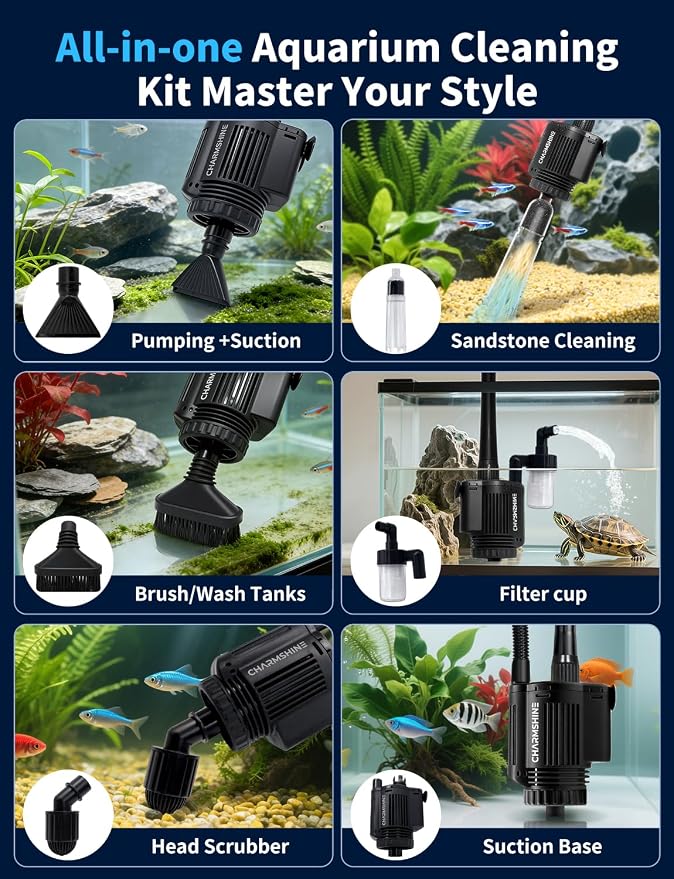 Gravel Vacuum for Aquarium, 6 in 1 Fish Tank Cleaner Tool Kit Electric Vacuum Gravel Cleaner for Aquarium Automatic Water Change, Wash Sand, Water Circulation,With Filter Cup, Hose Clamp (370GPH 22W)