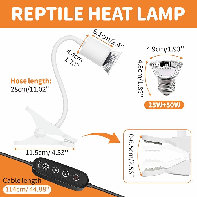GOZILLA Reptile Heat Lamp, Turtle Lamp with 360° Goose Neck Rotatable Timing & Dimming Cycle Timer, 25W+50W UVA/UVB Reptile Light Bulbs for Reptiles and Amphibian Tanks, Terrariums and Cages.(White)