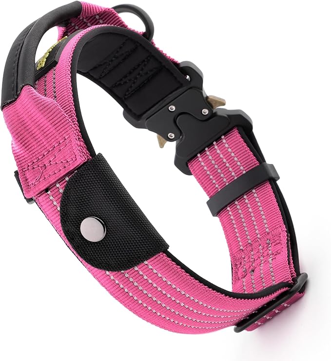 Plutus Pet Tactical Dog Collar with Tracker Pocket for AirTag, Adjustable Reflective Nylon Collar, Metal Buckle, Leather-Wrapped Handle, Soft Padded for Medium Large Dogs (Pink, M)