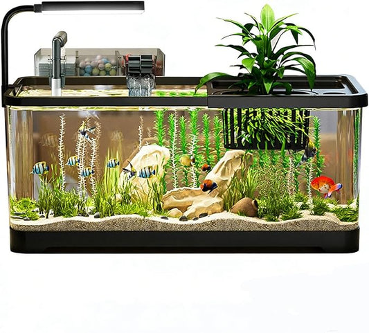 5 Gallon Fish Tank, Aquarium Plastic Starter Kit with Filter, led Light, sponge, and filter ball, Fish Tank for Betta, Plastic Nano Aquarium with Lid(18.5*7.87*8.07 inch / Black) (5 Gallon Fish Tank)