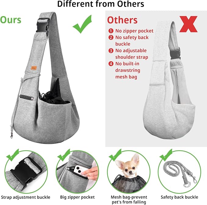 CUBY Dog and Cat Sling Carrier - Small Dog Carrier Sling with Adjust Strap & Zip Pocket, Hands Free Soft Dog Slings for Small Dogs Cats Puppy Pets Outdoor Travel Safety Purse Bag