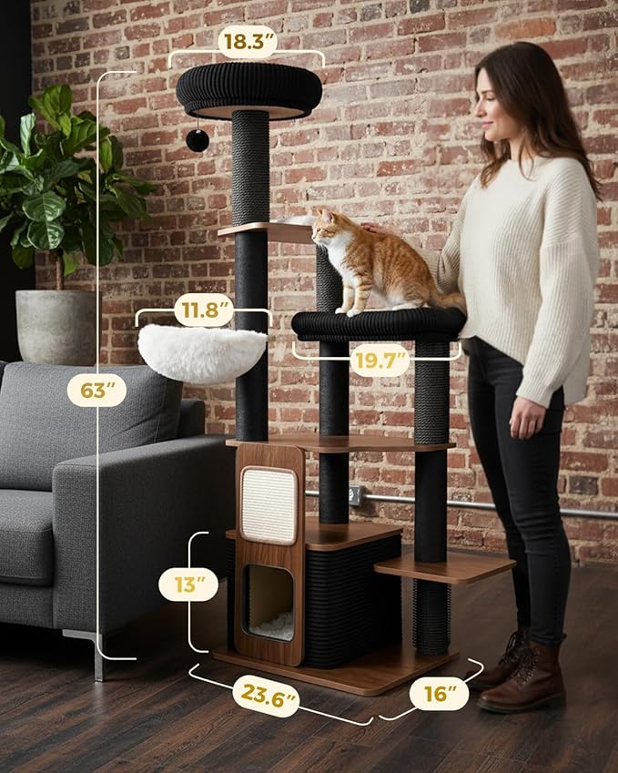 63" Modern Cat Tree Tower for Indoor Cats, Heavy Duty Cat Trees for Large Cat, Adult Maine Coon Cat Tree Tower with Scratching Post, Extra Large Top Perch, Cat Condos (Black)