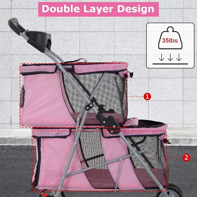 Dog Stroller Cat Pet Carriers for Small Medium Dogs Cats Travel Camping 4 Wheels Lightweight Folding Crate Stroller with Soft Pad (Pink)