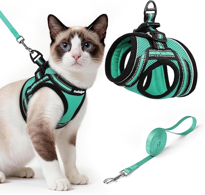 rabbitgoo Cat Harness and Leash Set for Walking Escape Proof, Adjustable Soft Kittens Vest with Reflective Strip for Cats, Comfortable Outdoor Vest,Green,L