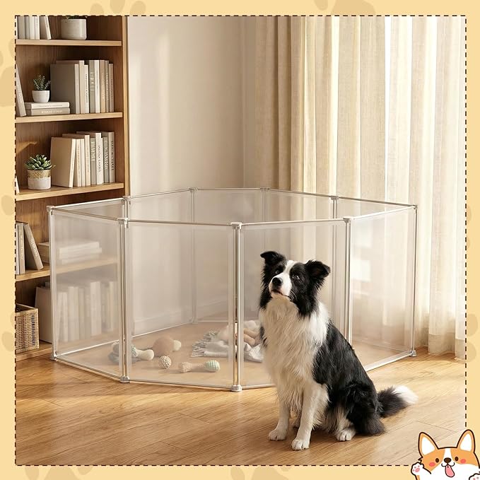 Sintuff Clear Plastic Dog Playpen Gate 8 Panel 165" W x 28" H Transparent Freestanding Pet Playpen Indoor Foldable Adhesive Pet Fence Barrier for Doorway for Small Dogs Puppy