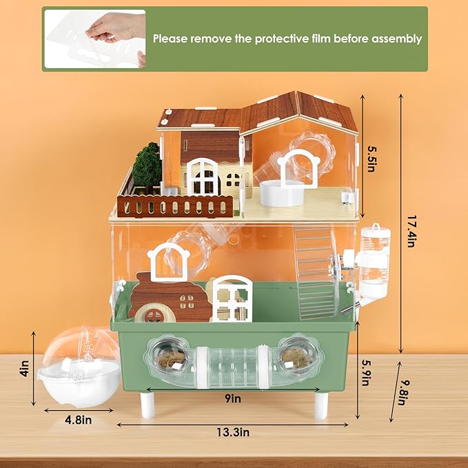 Acrylic Hamster Cage Large Hamster Habitat Dwarf Hamster Enclosure, 13.3''* 9.8''* 17.4'' Clear Pet Mice House for Syrian Small Hamsters, Green