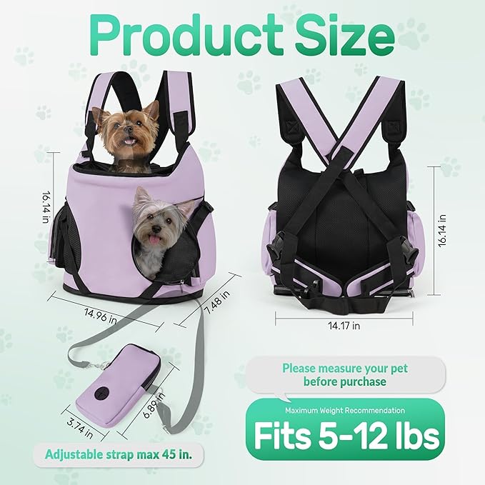 YUDODO Dog Front Backpack Carrier 5-15 lbs, Soft Breathable Pet Front Facing Carrier with Adjustable Straps, Multi-Pocket Design, for Small Dogs & Cats (Purple)