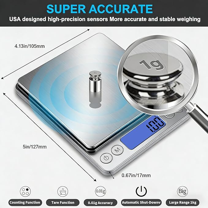 Digital Gram Scale 1000g/0.01g, Scale for Food Ounces and Grams, Upgrade USB Charging Kitchen Scale Digital Weight for Cooking, Baking, Tare Function, 9 Units, 2 Tray