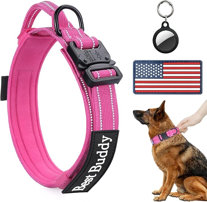 AUBELL Reflective Tactical Dog Collar,Adjustable Military Heavy Duty K9 Collars with Handle and Quick Release Metal Buckle Great for Extra Large Dogs, with Airtag Case and 2 Patches (Pink,XL)