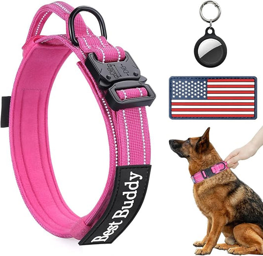 AUBELL Reflective Tactical Dog Collar,Adjustable Military Heavy Duty K9 Collars with Handle and Quick Release Metal Buckle Great for Extra Large Dogs, with Airtag Case and 2 Patches (Pink,XL)