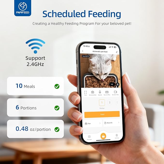 PAPIFEED Automatic Cat Feeder with Camera, 720P HD & Night Vision, 6L Cat Food Dispenser with App, 2.4G WiFi Timed Cat Feeder for Dry Food, 2-Way Audio, Smart Pet Feeder for Dog, 1-10 Meals/Day