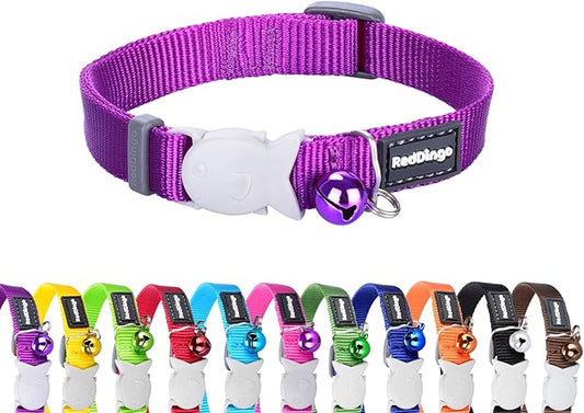 Red Dingo Classic Safety Release Breakaway Premium Cat Collar – Adjustable One Size Fits All with Soft Nylon, 4.4lb Fish Clip for Safety, Stainless Steel D-Ring, Wildlife Bell – Purple