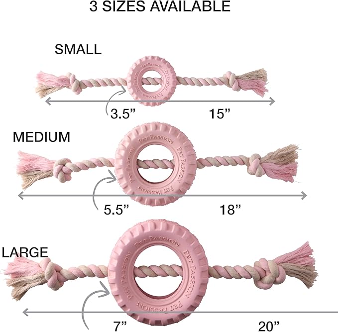 Pet Passion Natural Rubber Tire and Organic Cotton Rope Pull and Chew Dog Toy for All Pet Breeds, Blush, Small