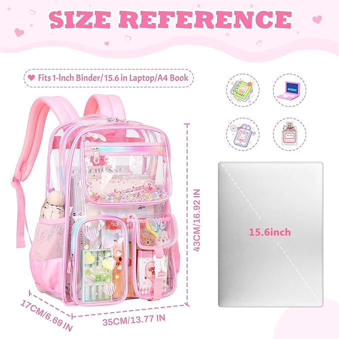 PIG PIG GIRL Clear Backpack for School,Heavy Duty PVC Transparent Bookbag for Girls Stadium Approved See Through Backpack