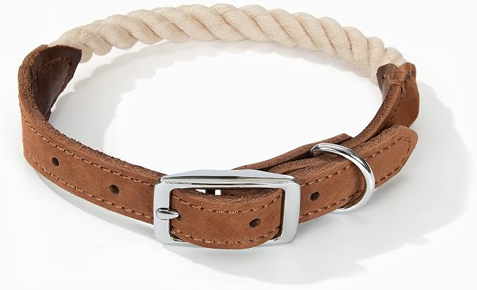 Mile High Life Genuine Leather Dog Collar, Durable Braided Cotton Rope Collar with Metal Pin Buckle for Small Medium Large Dogs (Beige, M Neck 15"-18")