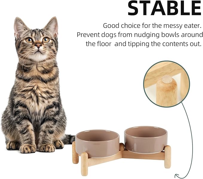 Havniva Ceramic 5.1inch Raised Double Bowls Set with Wooden Stand, Elevated Food & Water Bowls for Small Breed Dogs, Cats, Kitty, Weighted Dog Dishes, Pet Bowls(13.5oz, Brown Coffee)