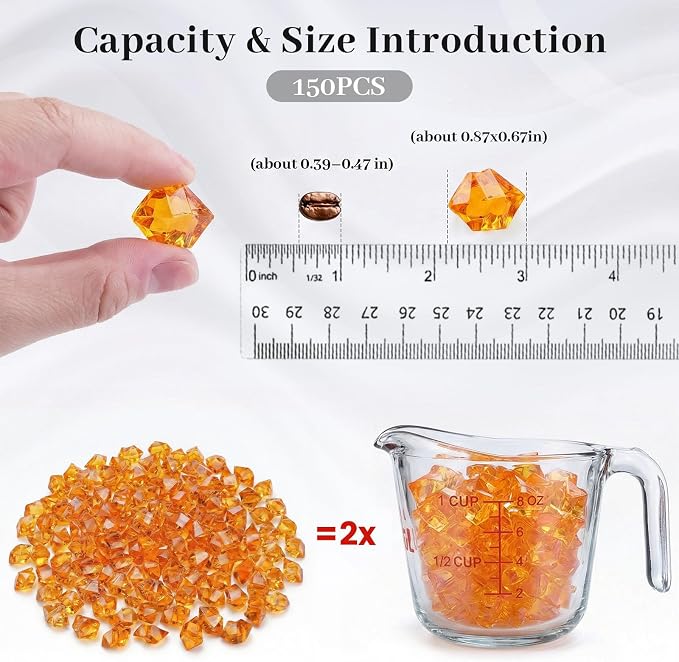 DOMESTAR Orange Fake Ice Rocks, 150 PCS Acrylic Crystal for Vase Fillers | Fake Diamonds for Table Centerpieces Birthday Party Decor, Fish Tanks Decor Table Scatter DIY Craft Supplies