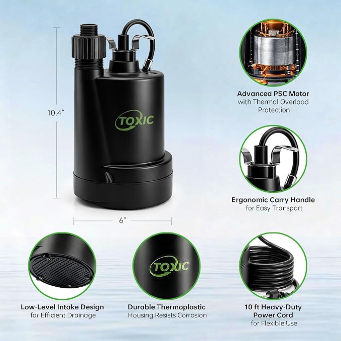 1/4 HP Submersible Sump Pump 1800 GPH Portable Utility Water Pump with 10ft Cord Thermoplastic Construction High Flow Drain Pump for Basement Garden Pool Pond Flood Removal