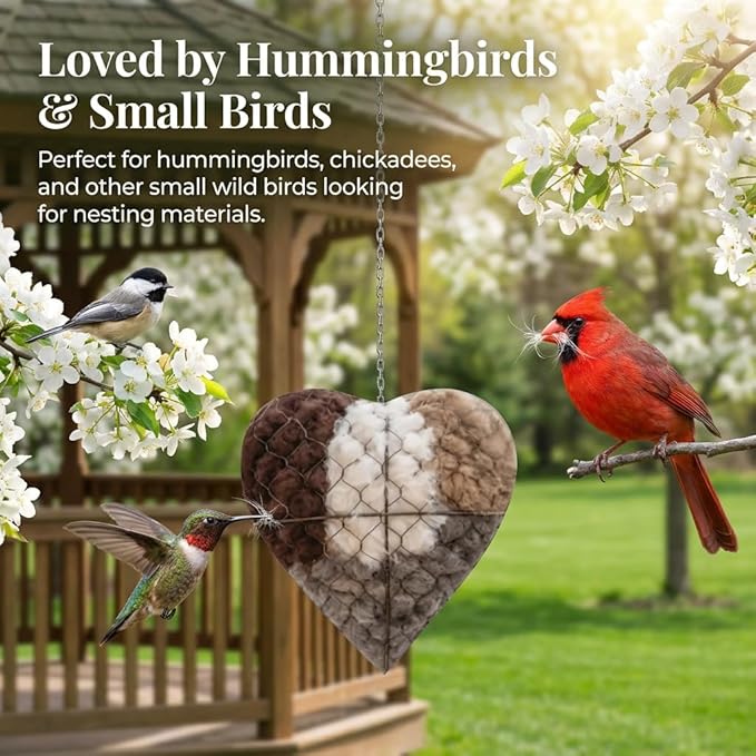 Handmade Fiber Bird Nesting Heart,Birds Nests Material Holder,Refillable Bird Haven Heart-Shaped Hummingbird Nest with Nesting Material,Winter Tree Shelter for Wild Bird,Gift for Hummingbird Lover,1PC
