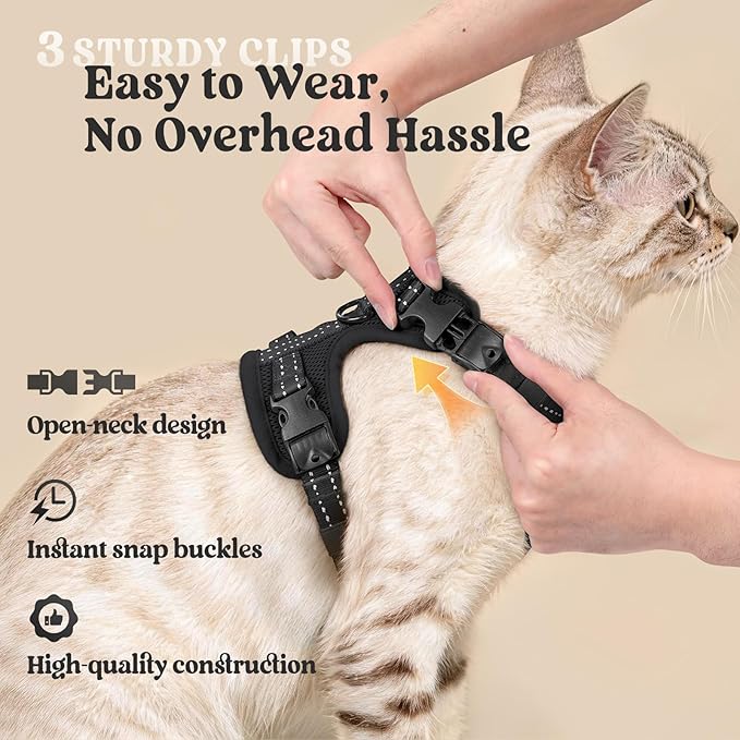 rabbitgoo Cat Harness and Leash, Escape Proof Vest with 3 Adjustable Buckles, Soft Comfortable Kitten Harness, Easy to Wear, Reflective for Safe Outdoor Walking, XS, Black