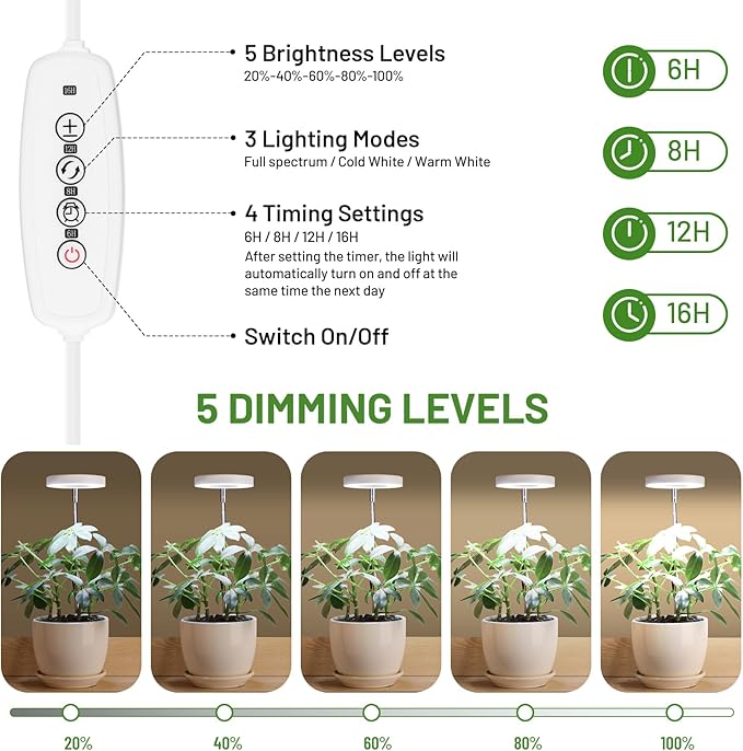 LBW Grow Light for Indoor Plants, Height Adjustable Plant Grow Lamp with Auto On/Off Timer 6/8/12/16H, 3 Colors,5 Dimmable Brightness, for Small Plants, White, 2 Packs