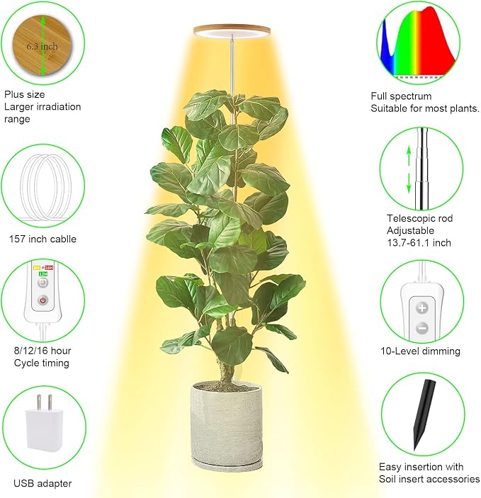 Plant Grow Light, LED Growing Light Full Spectrum for Indoor Plants,Height Adjustable, Automatic Timer, 5V Low Safe Voltage,Idea for Large Plant Light