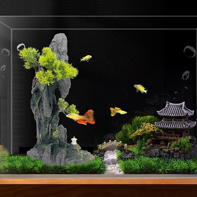 Large and Tall Aquarium Mountain View Stone Decorations | Aquarium Ornament Rock Cave Landscape Artificial Mountain View Fish Tank Caves for Betta Hiding Reptile Aquarium Supply