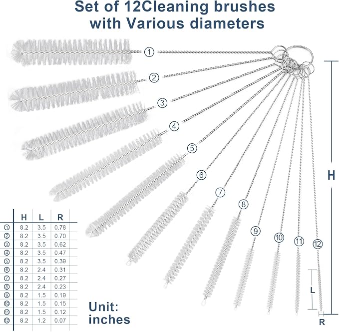 Ixiaoyoo 12 Pcs Straw Cleaner Brushes Set, 8.2 Inch Nylon Cleaning Brush | White Tube Cleaner Brushes for Tumbler, Sippy Cup, Water Bottles, Hummingbird Feeders, Pipes, Sink Drain & Pet Waterers