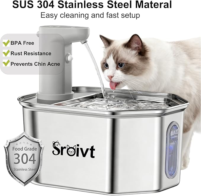 Cordless Cat Water Fountain Stainless Steel - Stainless Steel Cat Water Fountain Cordless - Water Fountain for Cats - Wireless Pet Water Fountain - Motion Sensor/Battery Operated 2.6L,4 Filters