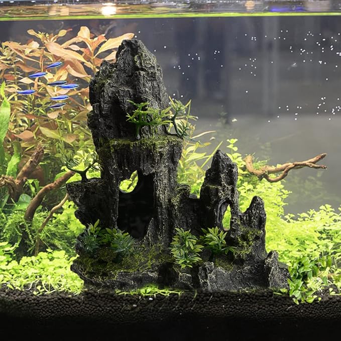 Saim Large Aquarium Mountain View Stone 11.02" Tall Resin Cave Ornament – Betta Hideout with Artificial Plants, for Cichlids Goldfish, Multi-Cave Aquascape Fish Tank Accessories