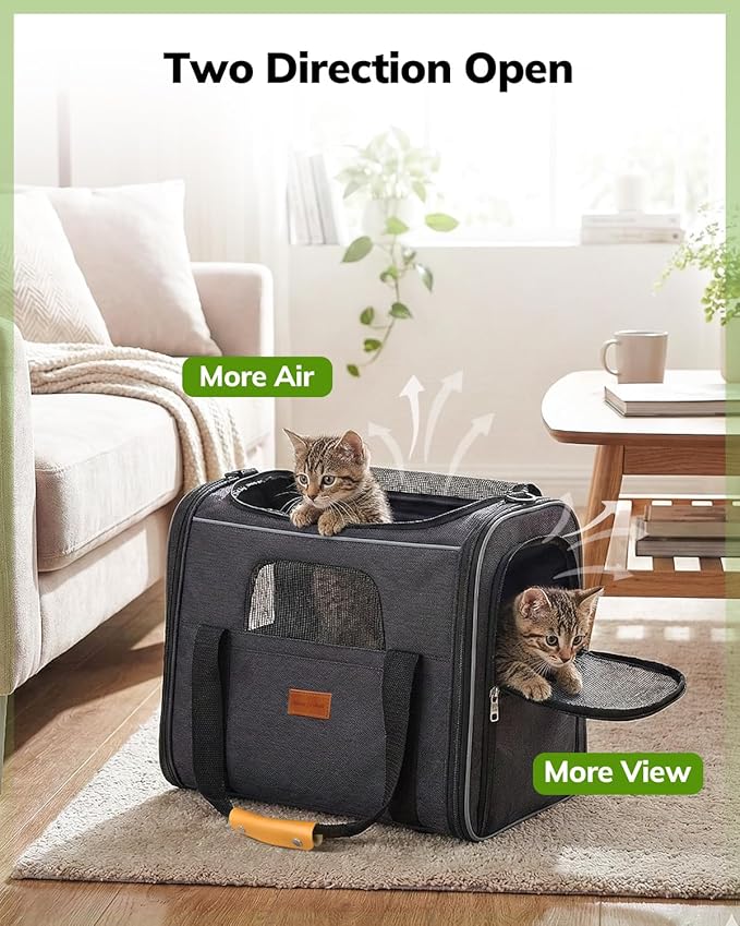 Morpilot Pet Carrier for Large Cats, Puppies & Small Dogs Up to 25lbs, Escape-Proof with Locking Zippers, Dual-Sided Cushion, Safety Buckle for Car & Vet Travel, Includes Foldable Bowl (Dark Gray)